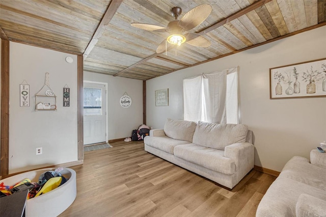 living room with wood ceiling, ceiling fan, light wood-style flooring, and baseboards