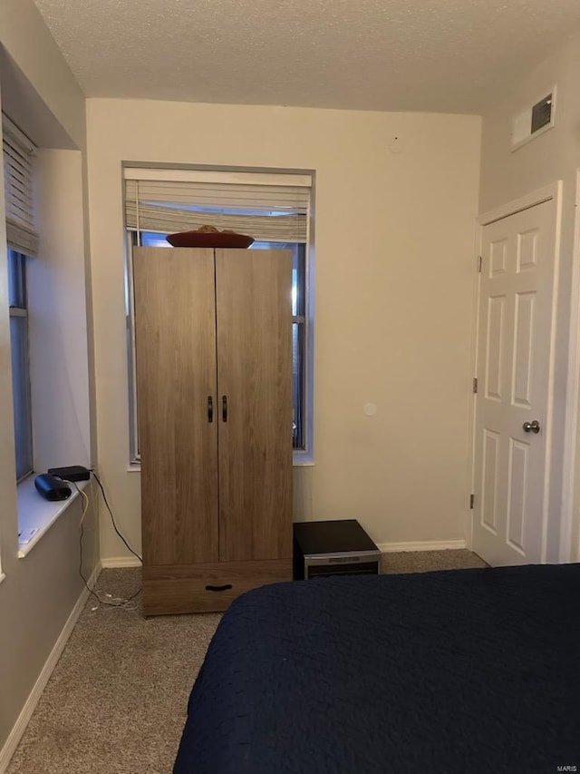 bedroom with a textured ceiling, carpet, visible vents, and baseboards