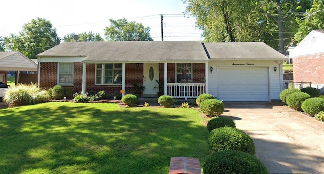 ranch-style house featuring brick siding, a porch, a garage, driveway, and a front lawn