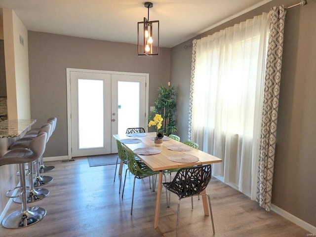 dining area featuring a wealth of natural light, french doors, and wood finished floors