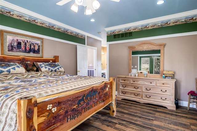 bedroom featuring visible vents, recessed lighting, wood finished floors, and ornamental molding