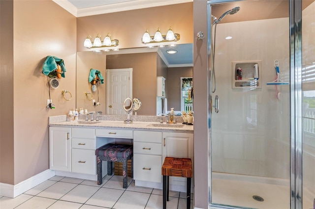 full bath featuring a sink, a stall shower, and ornamental molding