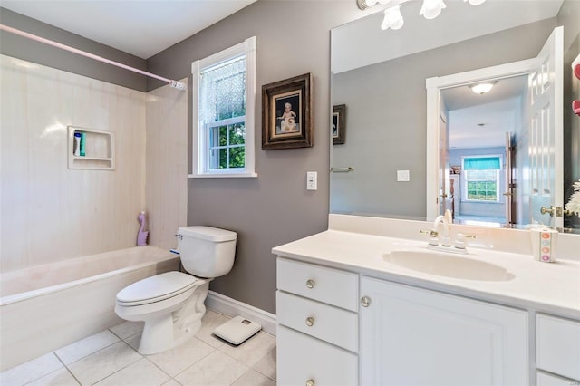 bathroom featuring baseboards, toilet, shower / tub combination, tile patterned floors, and vanity