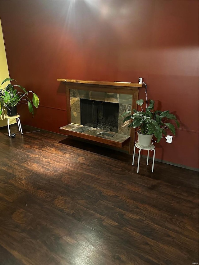 room details with a fireplace and wood finished floors