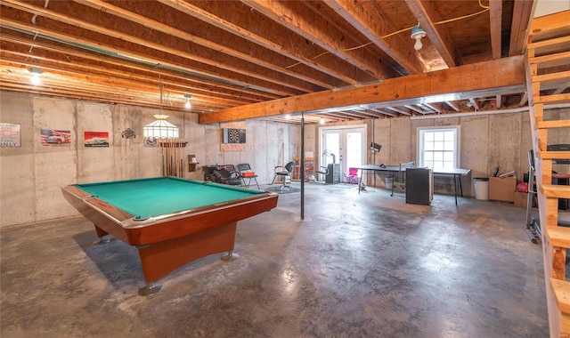 recreation room with french doors, concrete floors, and billiards