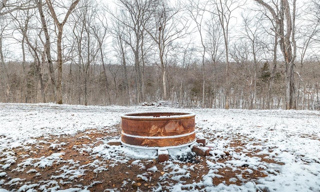 yard covered in snow with a wooded view