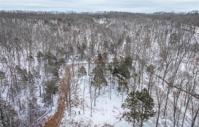 snowy aerial view with a wooded view