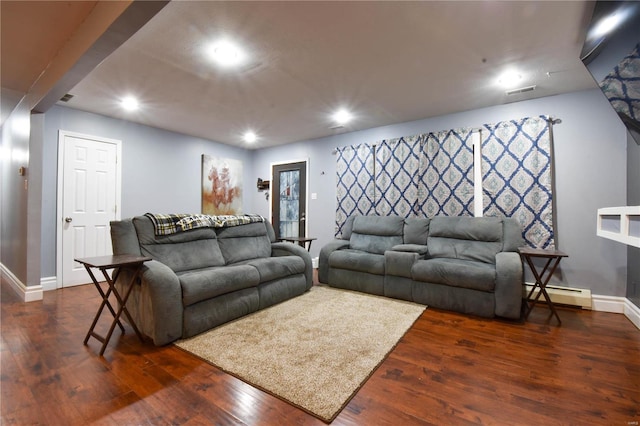 living room featuring dark wood finished floors, recessed lighting, baseboards, and a baseboard radiator