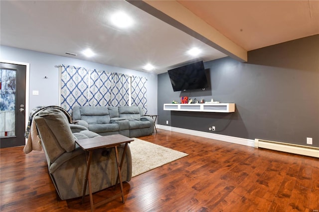 living area with wood finished floors, visible vents, baseboards, beam ceiling, and a baseboard heating unit