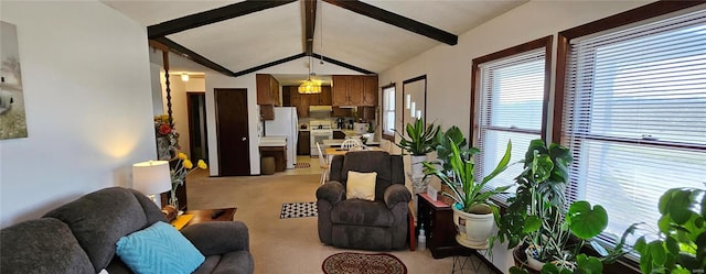 living area featuring light carpet and lofted ceiling with beams