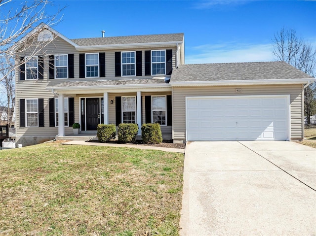 view of front of house featuring a garage, concrete driveway, a front lawn, and roof with shingles