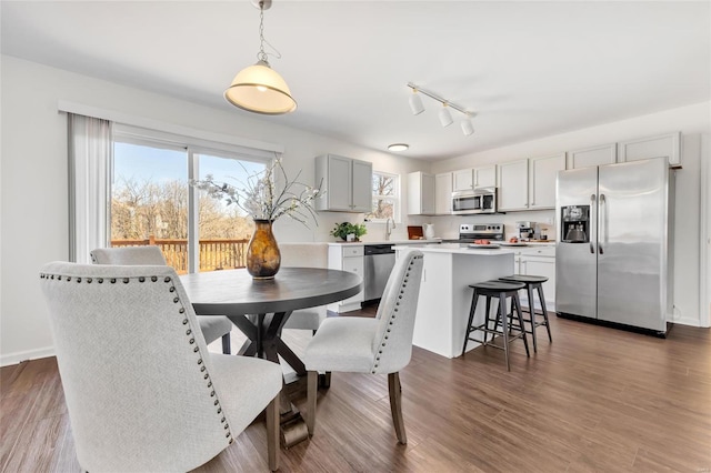 dining area featuring dark wood-style floors and track lighting