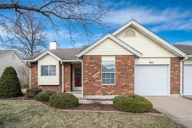 ranch-style house with brick siding, concrete driveway, a chimney, and a garage