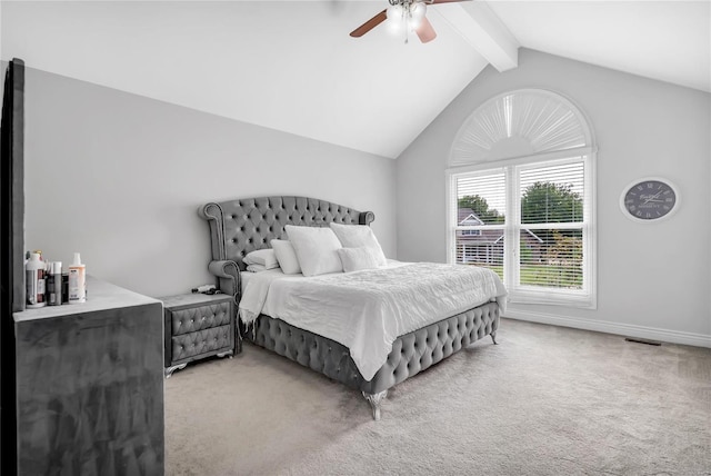 bedroom featuring visible vents, baseboards, light colored carpet, lofted ceiling with beams, and ceiling fan