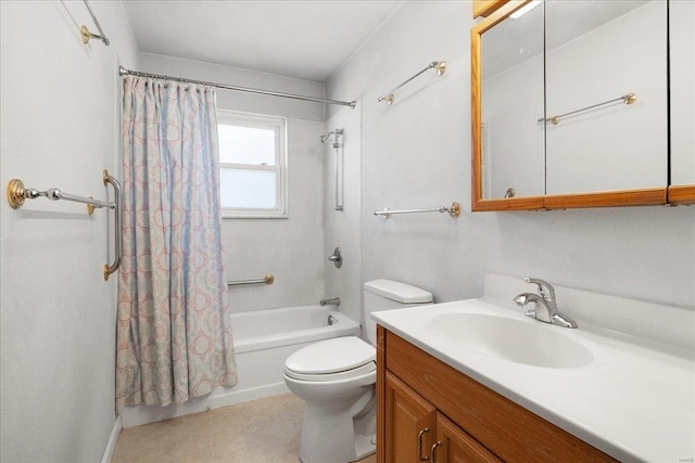 full bath featuring vanity, toilet, and shower / tub combo