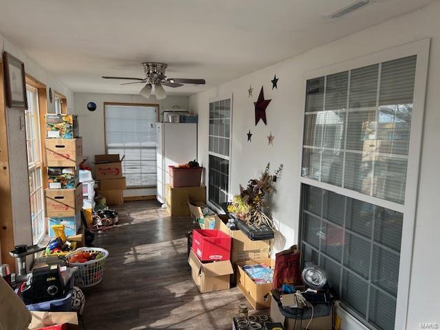 interior space with ceiling fan, wood finished floors, and visible vents