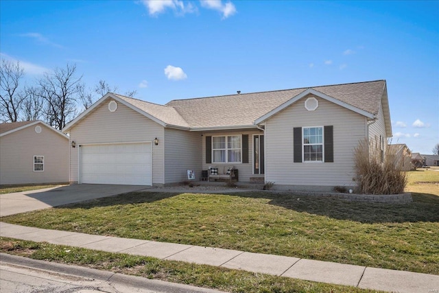 ranch-style home with a garage, concrete driveway, a front lawn, and roof with shingles