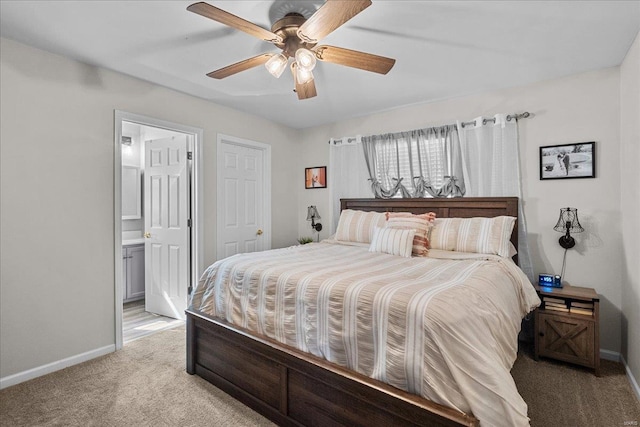 bedroom featuring baseboards, ceiling fan, connected bathroom, and light colored carpet