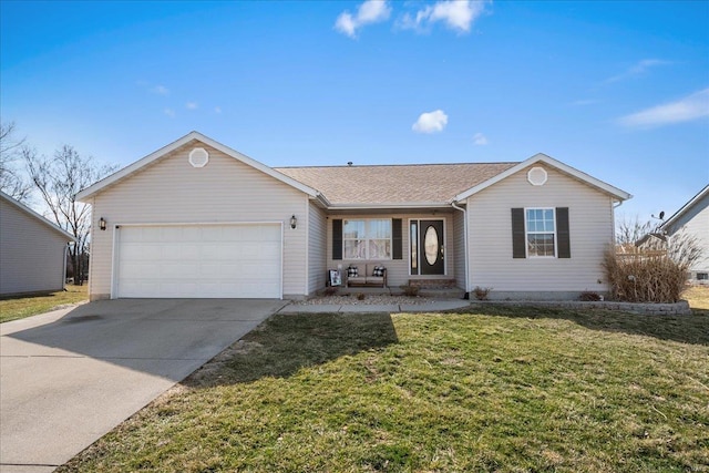 single story home featuring driveway, an attached garage, and a front yard