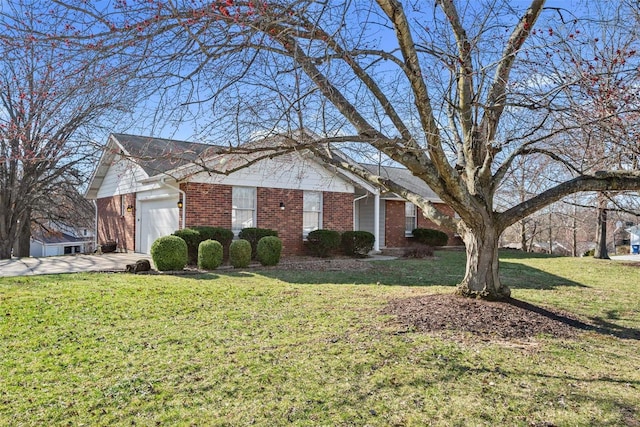 view of front facade featuring a garage, brick siding, concrete driveway, and a front lawn