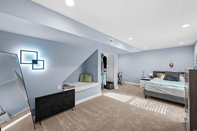 bedroom featuring carpet flooring, recessed lighting, visible vents, and baseboards