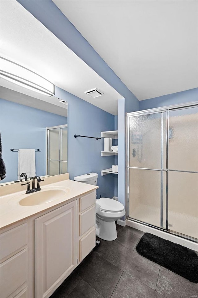 bathroom with visible vents, a shower stall, toilet, and vanity