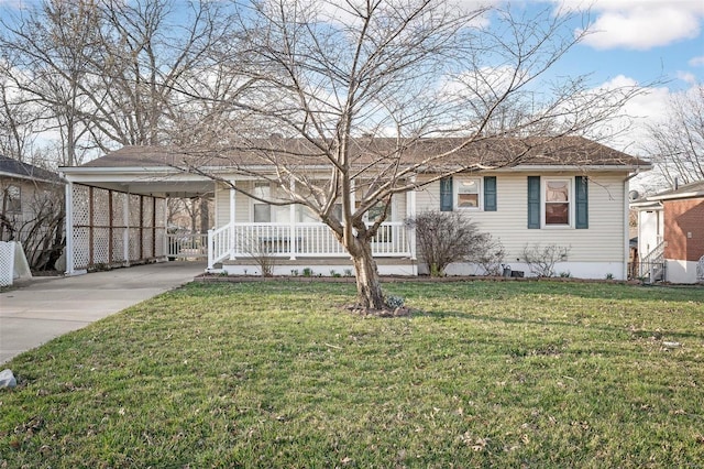 single story home with covered porch, an attached carport, concrete driveway, and a front lawn