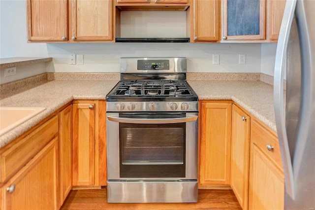 kitchen with appliances with stainless steel finishes, light countertops, and wood finished floors