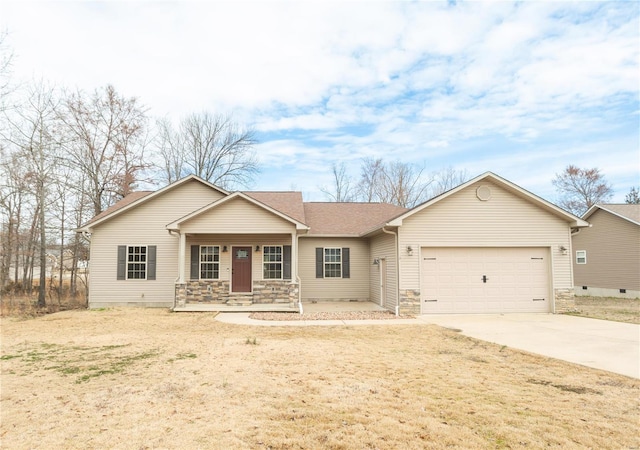 ranch-style home featuring a porch, a shingled roof, concrete driveway, a garage, and stone siding