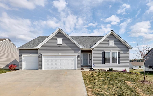 ranch-style house with a front lawn, roof with shingles, concrete driveway, and an attached garage