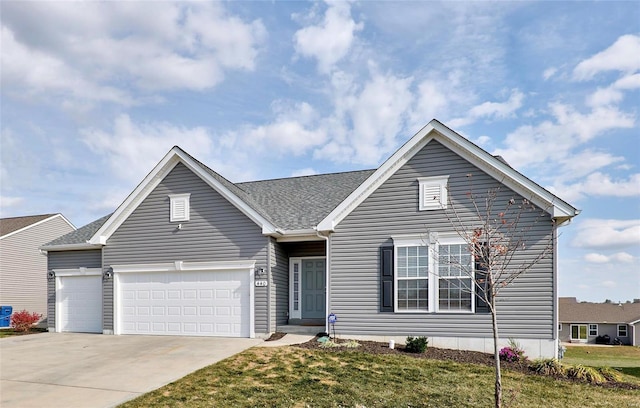 single story home with an attached garage, driveway, and a front yard