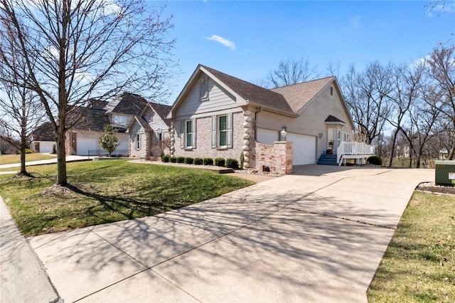 view of front of house featuring a front lawn, concrete driveway, an attached garage, a shingled roof, and brick siding