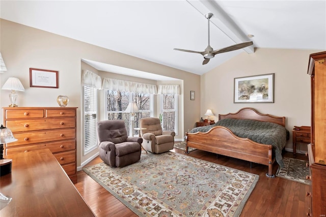 bedroom featuring hardwood / wood-style floors, lofted ceiling with beams, baseboards, and ceiling fan