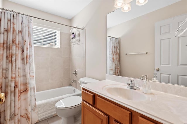 full bathroom with vanity, toilet, tile patterned flooring, and shower / tub combo with curtain