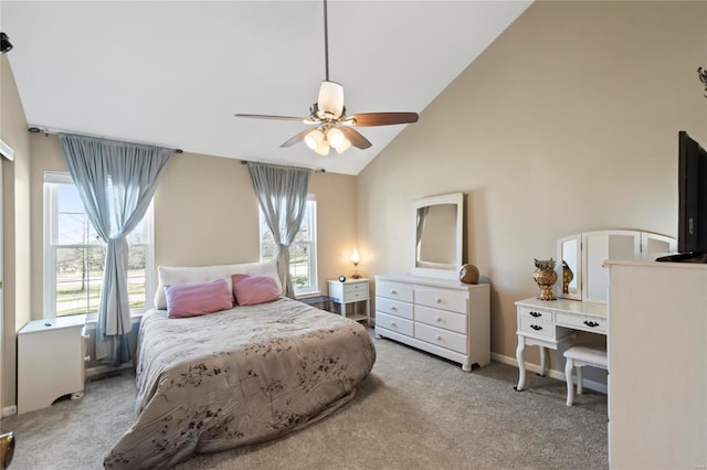 bedroom with high vaulted ceiling, a ceiling fan, baseboards, and carpet floors