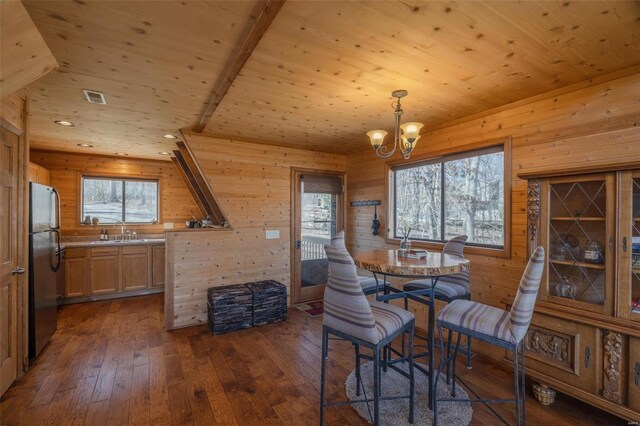 dining room featuring dark wood finished floors, wooden ceiling, visible vents, and wood walls