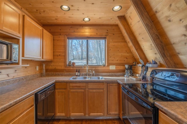 kitchen with recessed lighting, wooden ceiling, black appliances, and a sink