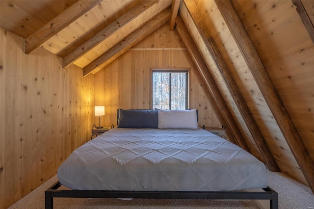 bedroom with carpet flooring, wood walls, wooden ceiling, and lofted ceiling with beams