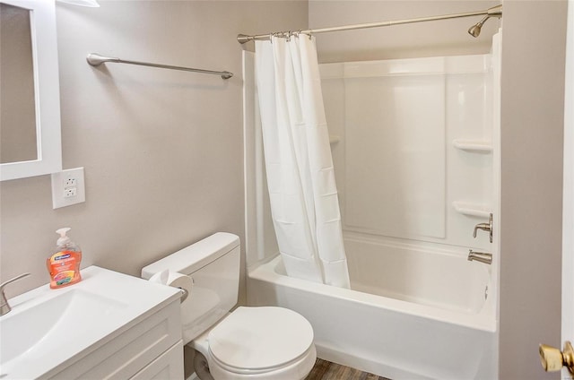 full bath with vanity, toilet, and shower / tub combo with curtain