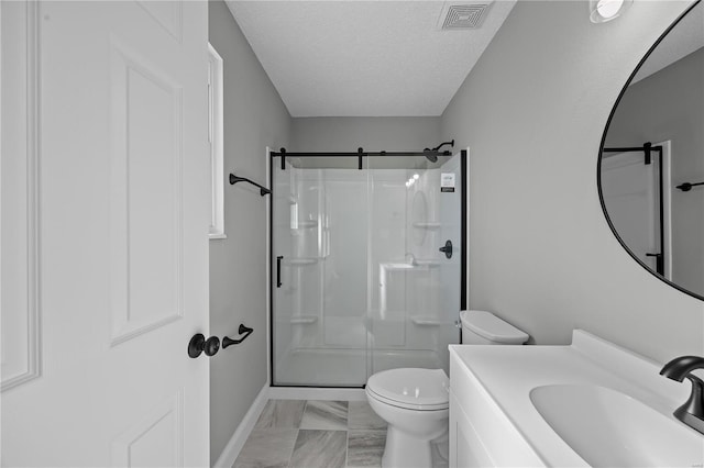 bathroom with visible vents, toilet, marble finish floor, a textured ceiling, and a shower stall