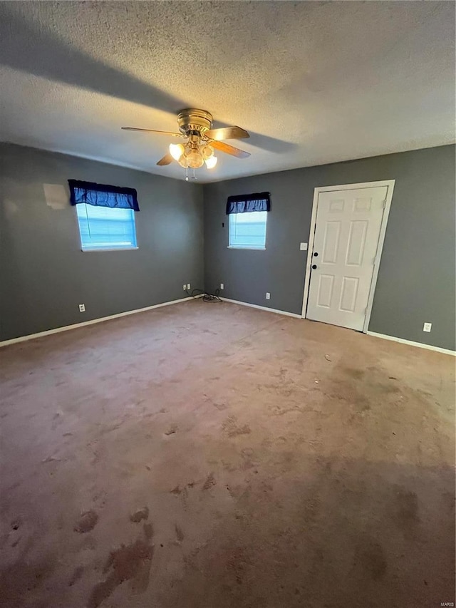 spare room with carpet, a textured ceiling, baseboards, and a wealth of natural light