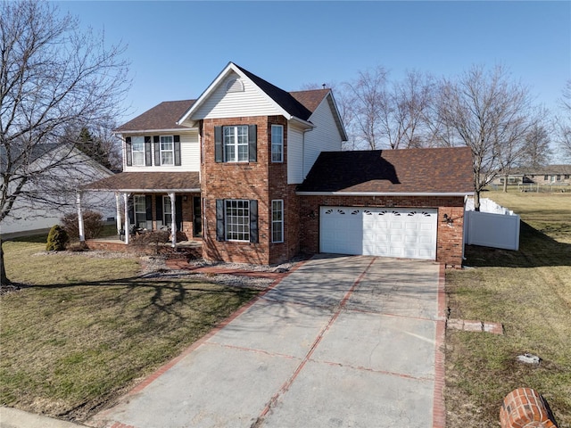 view of front of property with a garage, brick siding, driveway, and a front lawn