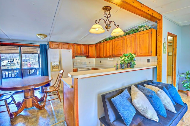 kitchen with decorative backsplash, white appliances, a peninsula, and light countertops