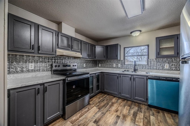 kitchen with decorative backsplash, appliances with stainless steel finishes, dark wood-type flooring, a sink, and under cabinet range hood