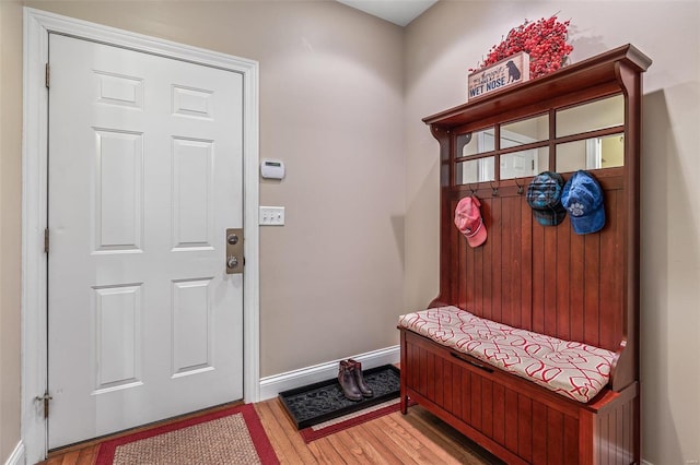 mudroom featuring baseboards and wood finished floors