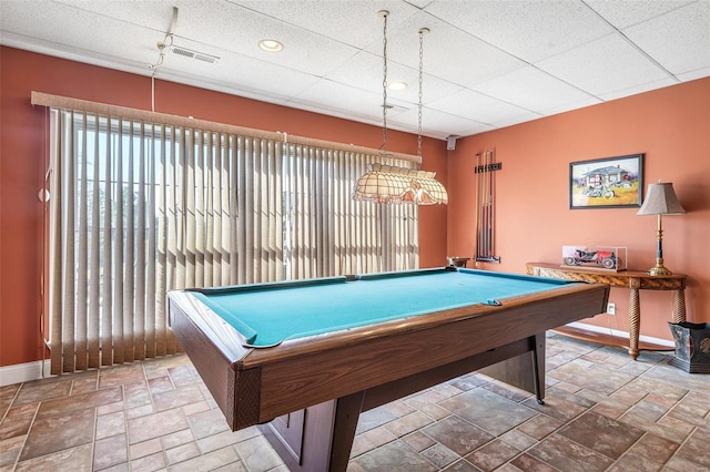 playroom with visible vents, pool table, baseboards, a drop ceiling, and stone finish floor