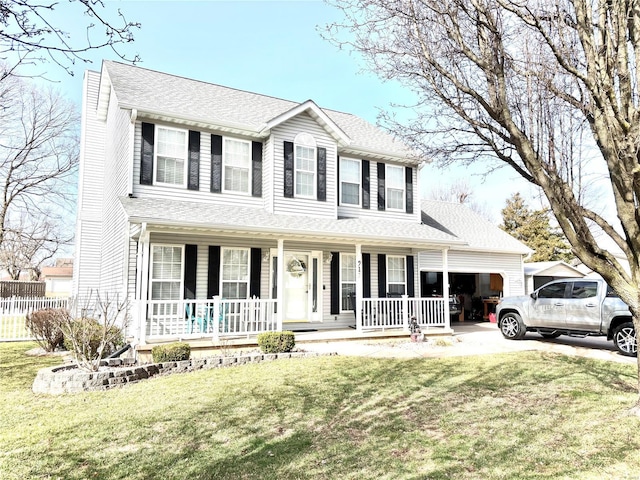 colonial inspired home with a front lawn, a porch, fence, concrete driveway, and a garage