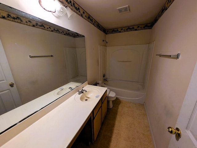 full bathroom featuring toilet, bathing tub / shower combination, vanity, visible vents, and baseboards