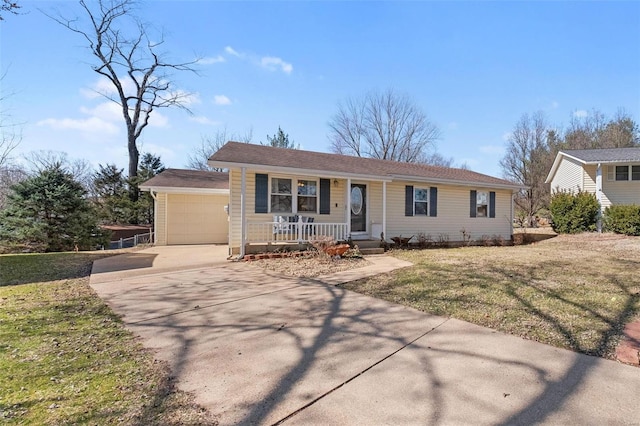 ranch-style house featuring a garage, a porch, concrete driveway, and a front lawn