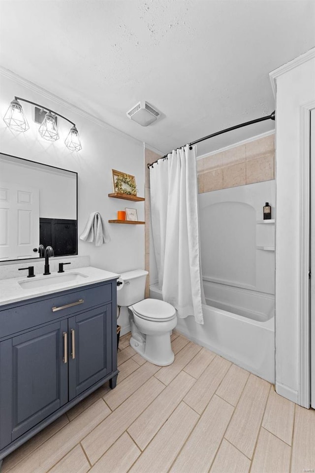 full bathroom with vanity, shower / bathtub combination with curtain, visible vents, wood tiled floor, and toilet